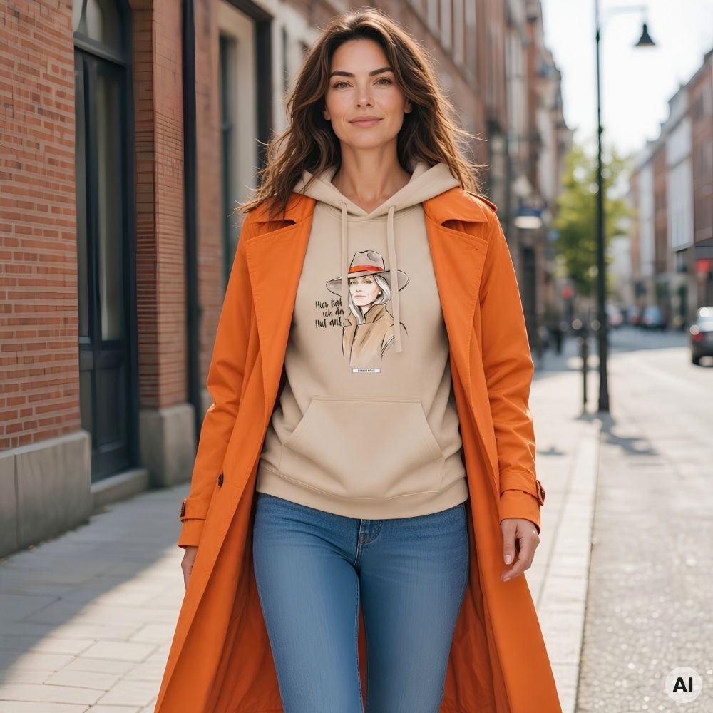 Frau mit langen welligen Haaren und orangefarbenem Trenchcoat trägt den HOOKamSEE Statement-Hoodie Hier hab ich den Hut auf. in Sand auf einer Straße vor einer Backsteinfassade