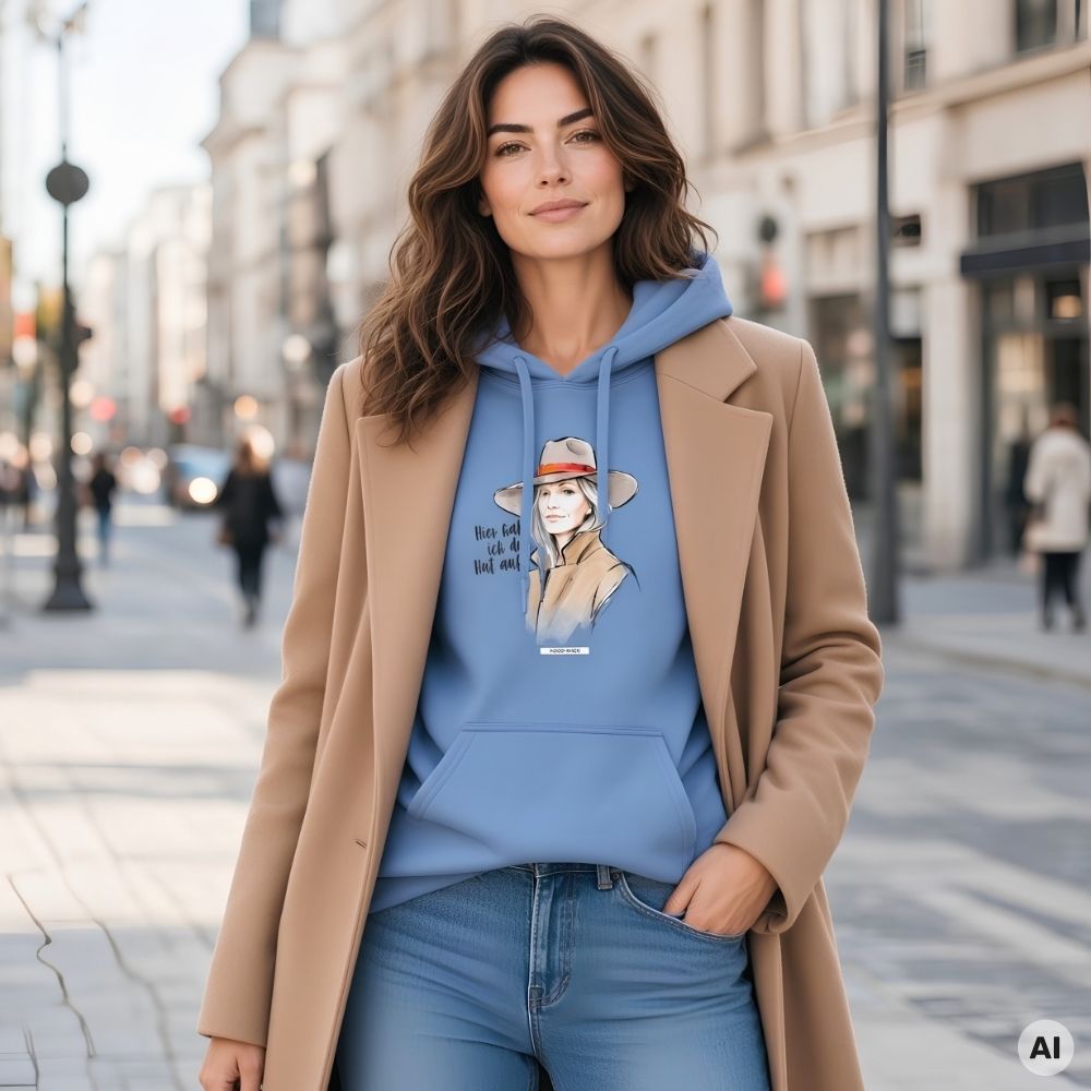 Frau mit langen welligen Haaren und Kamelmantel trägt den HOOKamSEE Statement-Hoodie Hier hab ich den Hut auf. in Carolina Blue auf einer Innenstadtstraße