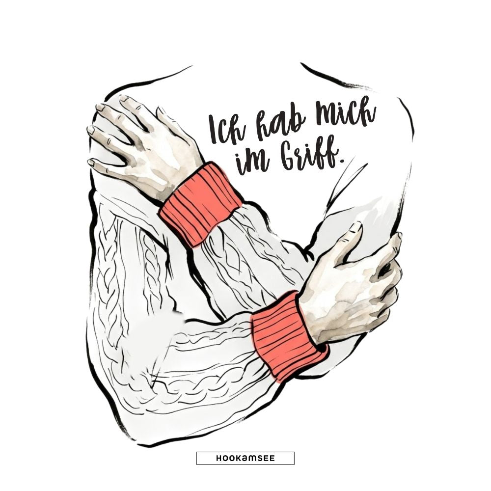 Motiv Ich hab mich im Griff. von HOOKamSEE: Illustration im Tusche-und-Aquarell-Stil mit überkreuzten Armen in weiten Zopfstrick-Ärmeln und korallroten Rippenbündchen, die sich selbst umarmen