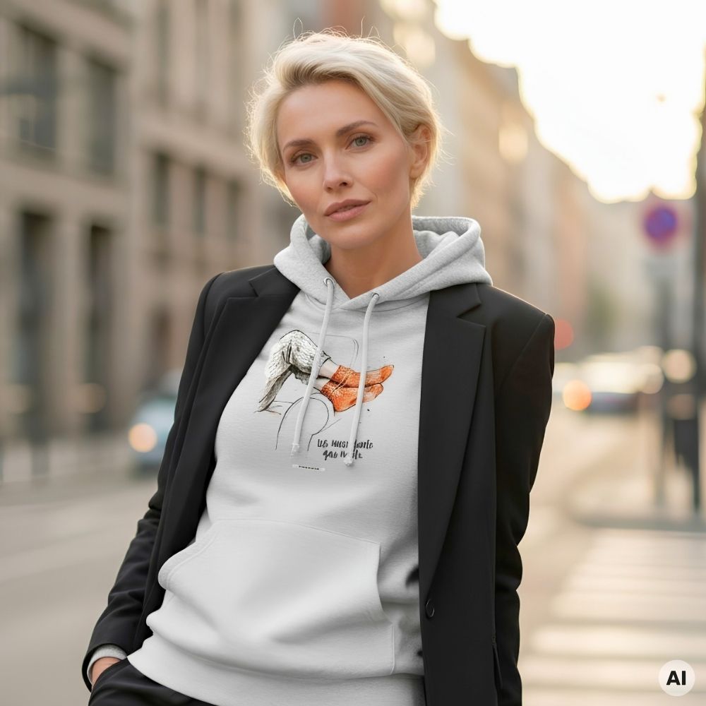 Frau mit blondem Kurzhaarschnitt trägt den HOOKamSEE Statement-Hoodie Ich muss heute gar nichts. in Hellgrau meliert mit schwarzem Blazer in der Stadt