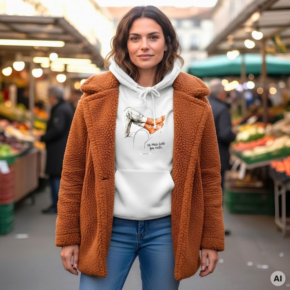 Frau mit dunklen Haaren trägt den HOOKamSEE Hoodie Ich muss heute gar nichts. in Weiß mit braunem Teddymantel und Jeans auf dem Markt