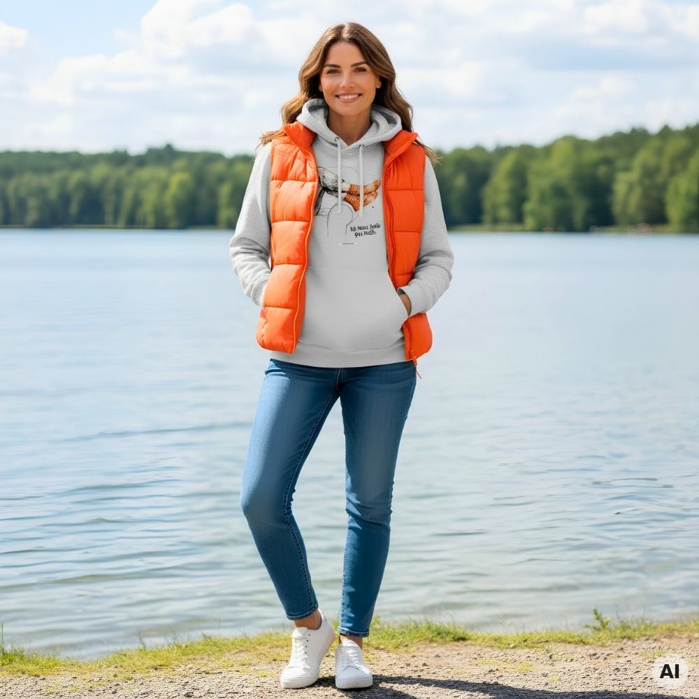 Frau trägt den HOOKamSEE Hoodie Ich muss heute gar nichts. in Hellgrau meliert mit oranger Steppweste und Jeans am Seeufer