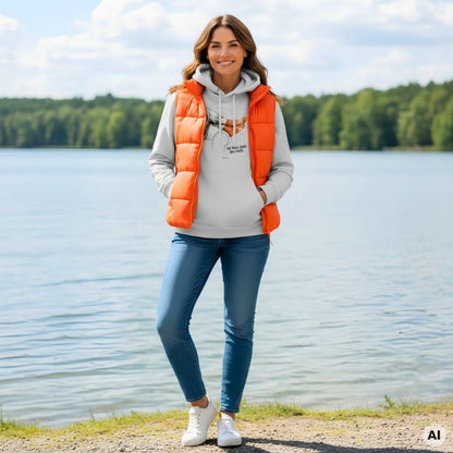 Frau trägt den HOOKamSEE Hoodie Ich muss heute gar nichts. in Hellgrau meliert mit oranger Steppweste und Jeans am Seeufer