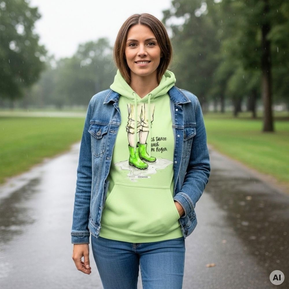 Frau mit Bob und Jeansjacke trägt den HOOKamSEE Statement-Hoodie Ich tanze auch im Regen. in Pistazie auf einem nassen Parkweg