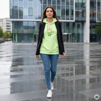 Frau mit schwarzem Blazer, Jeans und weißen Sneakern trägt den HOOKamSEE Hoodie Ich tanze auch im Regen. in Pistazie auf einem regennassen Platz vor einem Bürogebäude