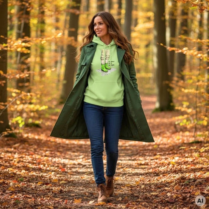 Frau mit langen Haaren und grünem Mantel trägt den HOOKamSEE Hoodie Ich tanze auch im Regen. in Pistazie auf einem Waldweg mit Herbstlaub