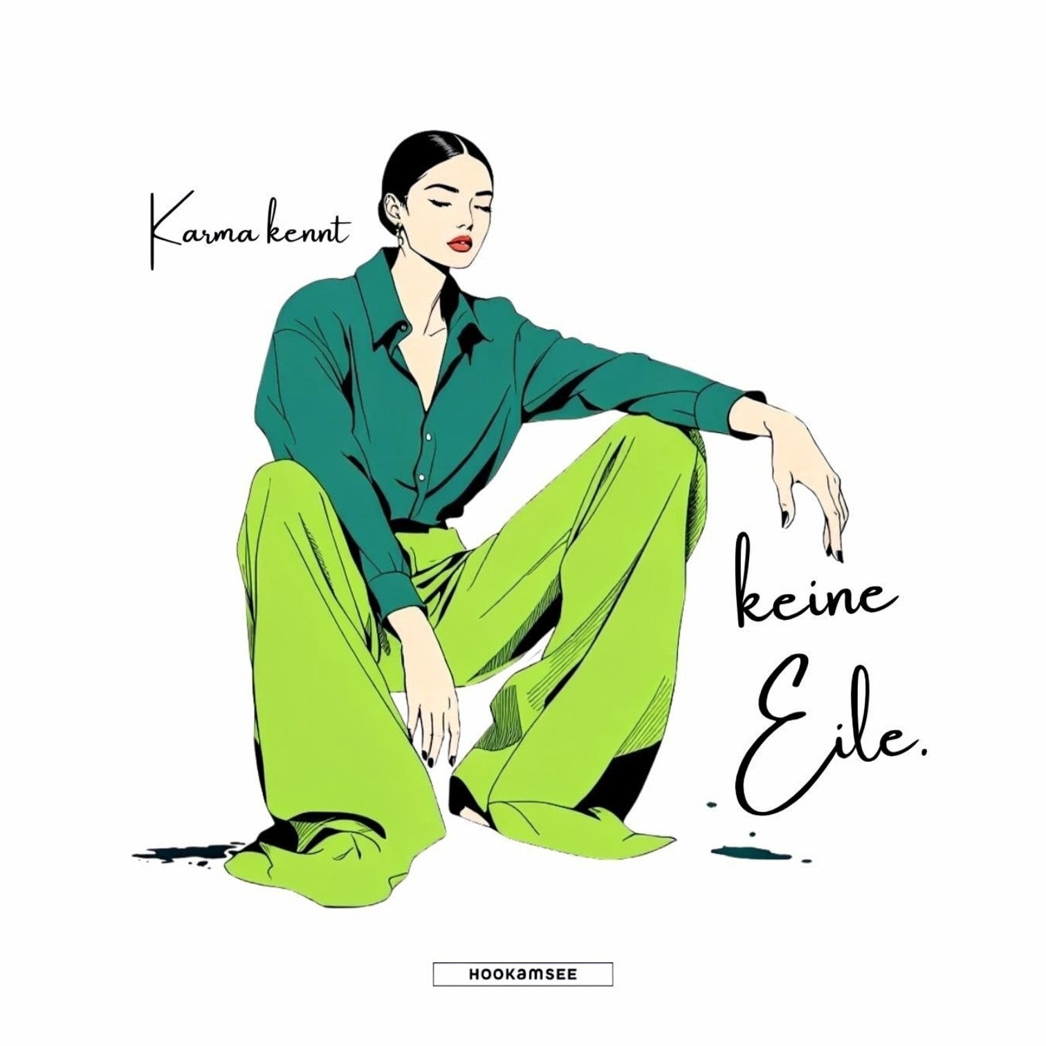 HOOKamSEE Design Karma kennt keine Eile, Statement-Illustration sitzende Frau in Grün