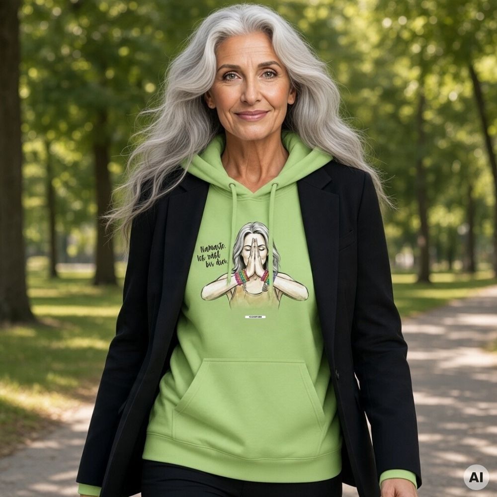 Frau mit langen silbergrauen Haaren und schwarzem Blazer trägt einen pistaziengrünen Hoodie mit Yoga-Aquarell-Motiv und Schriftzug im Park