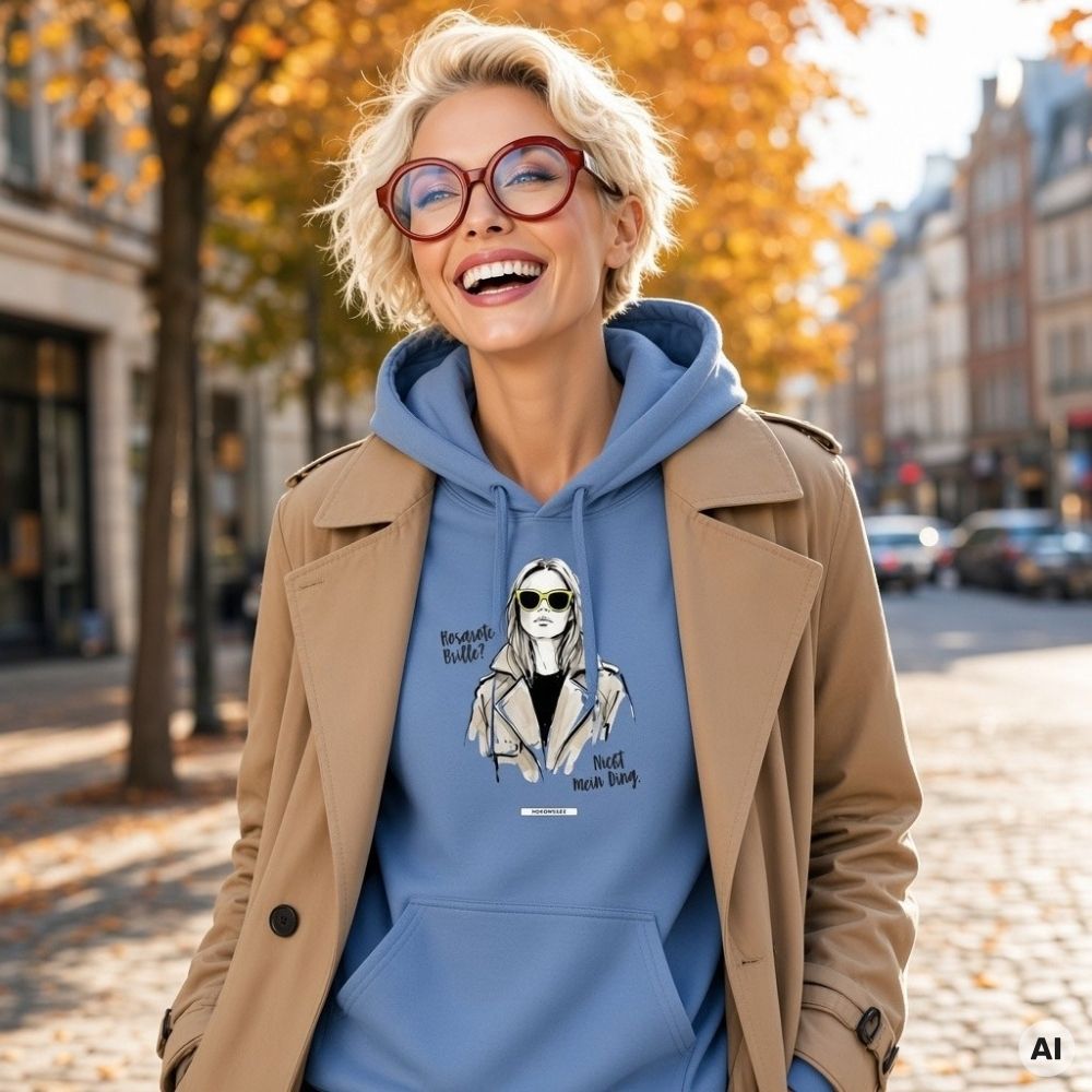 Lachende Frau mit kurzen blonden Haaren und roter Brille in hellblauem Hoodie mit Illustration, dazu beiger Trenchcoat, auf einer herbstlichen Straße mit Laub