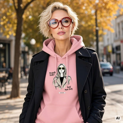Frau mit kurzen blonden Haaren und roter Brille in rosa Hoodie mit Illustration, dazu schwarzer Mantel, auf einer herbstlichen Straße