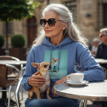 Elegante silberhaarige Frau mit Chihuahua und Kaffee trägt den HOOKamSEE Hoodie Styled Dogs Chihuahua in Carolina Blue im Café