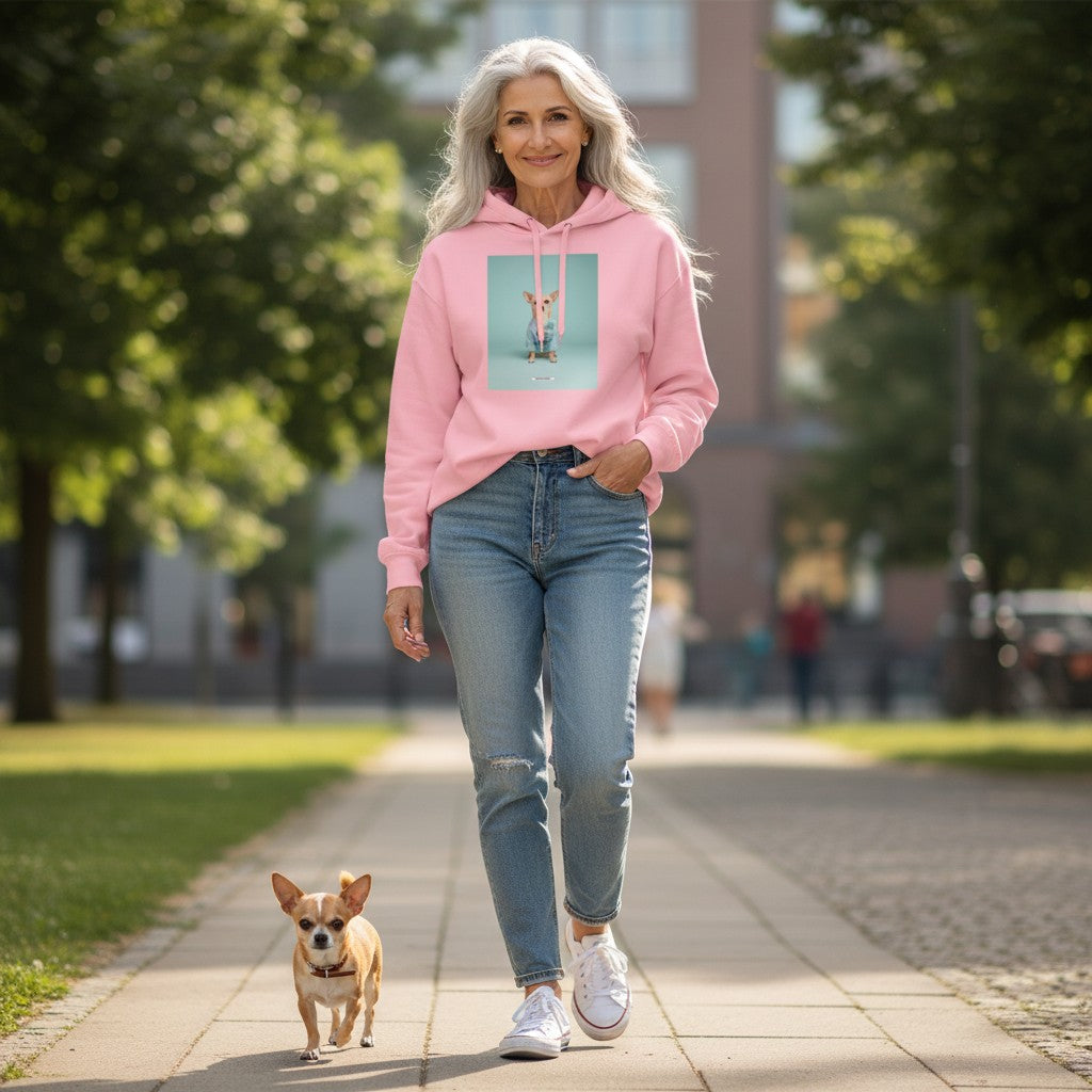 Silberhaarige Frau mit Chihuahua trägt den HOOKamSEE Hoodie Styled Dogs Chihuahua in Hellrosa im Park