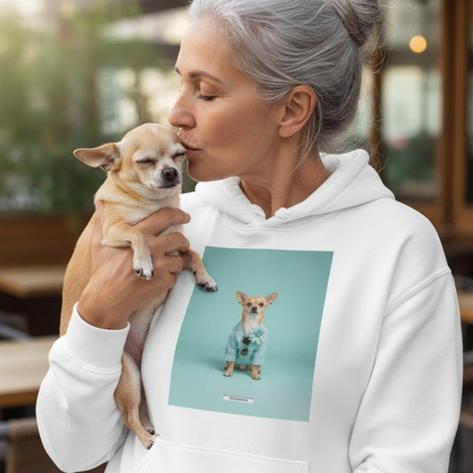 Frau küsst Chihuahua und trägt den HOOKamSEE Hoodie Styled Dogs Chihuahua in Weiß im Café