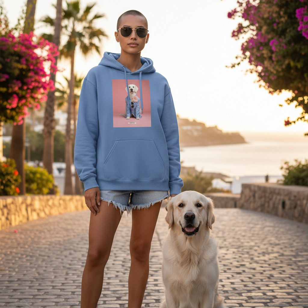 Kurzhaarige Frau mit echtem Creme Retriever bei Sonnenuntergang trägt den HOOKamSEE Hoodie Styled Dogs Creme Retriever in Carolina Blue
