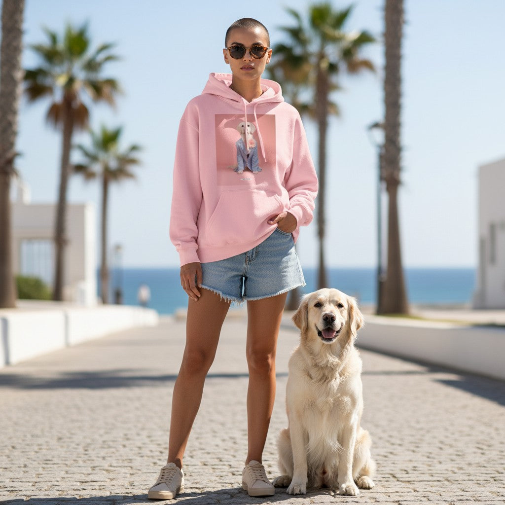 Kurzhaarige Frau mit echtem Creme Retriever am Meer trägt den HOOKamSEE Hoodie Styled Dogs Creme Retriever in Hellrosa