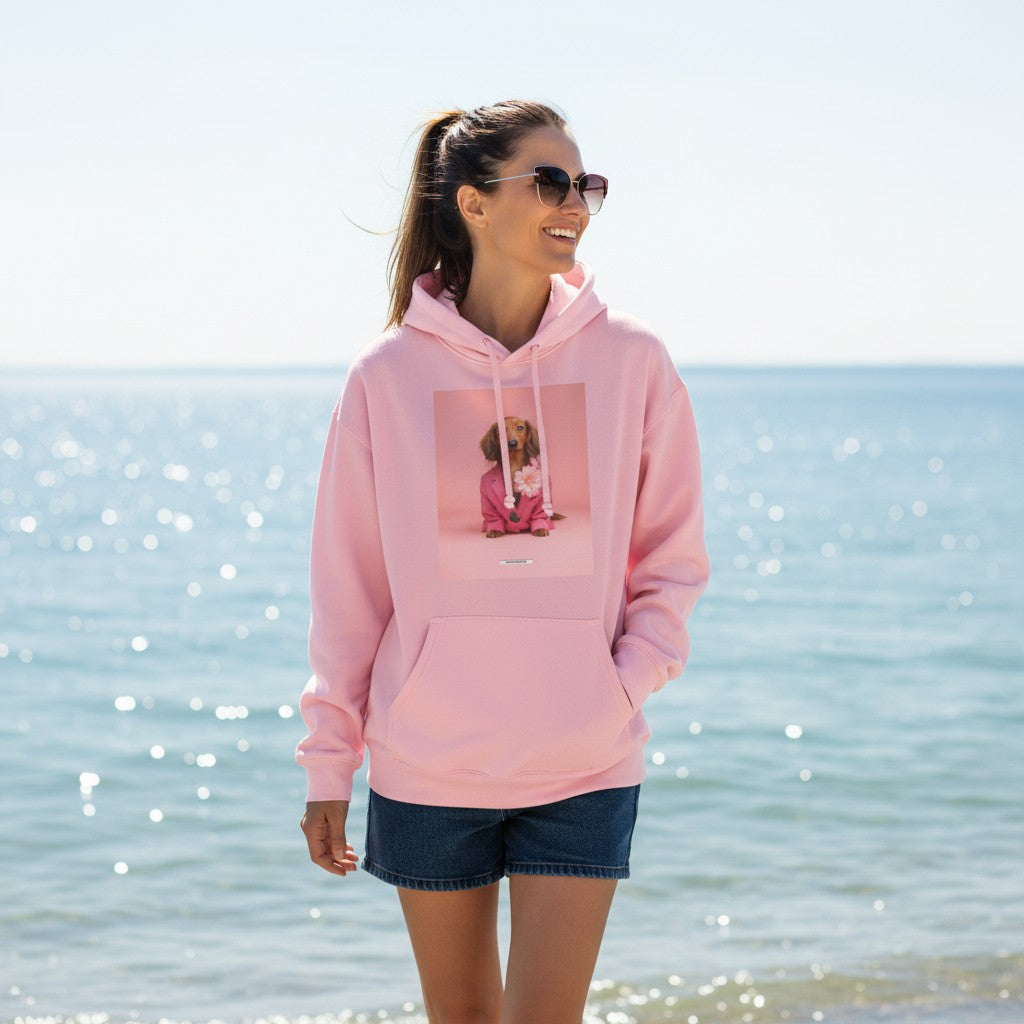 Lachende Frau mit Sonnenbrille trägt den HOOKamSEE Hoodie Styled Dogs Dackel in Hellrosa am Meer