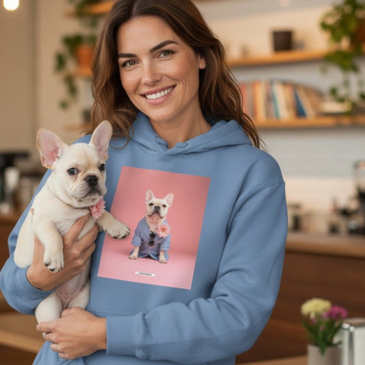 Lächelnde Frau hält einen Frenchie und trägt den HOOKamSEE Hoodie Styled Dogs Frenchie in Carolina Blue