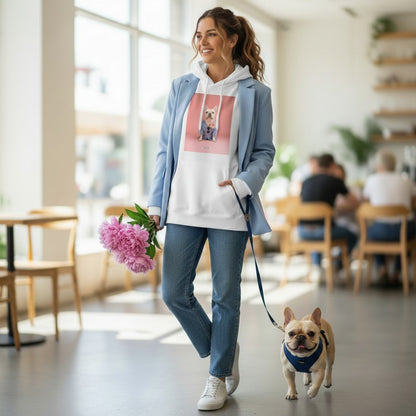 Lächelnde Frau mit Frenchie an der Leine trägt den HOOKamSEE Hoodie Styled Dogs Frenchie in Weiß
