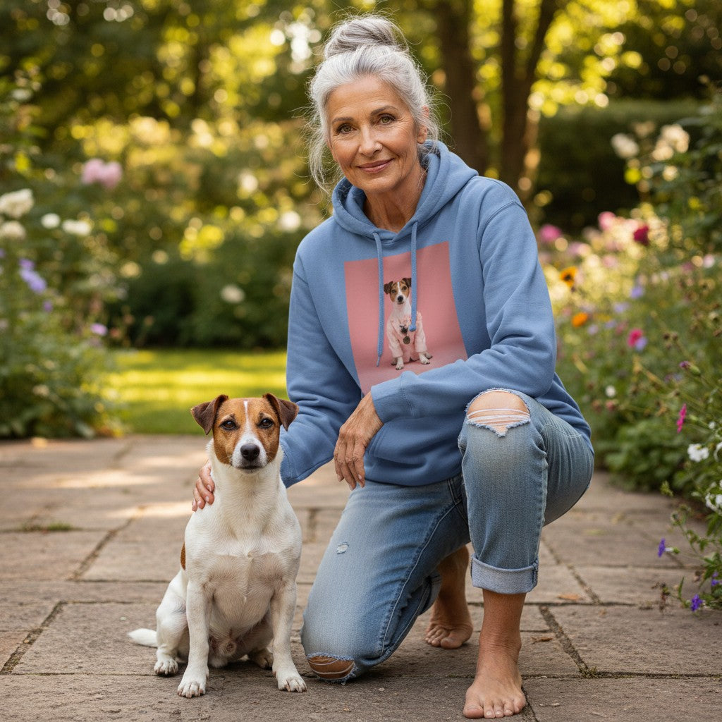 Silberhaarige Frau mit echtem Jack Russell sitzt im Garten und trägt den HOOKamSEE Hoodie Styled Dogs Jack Russell Terrier in Carolina Blue