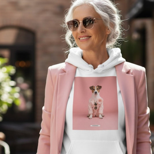 Elegante Frau mit rosa Blazer trägt den HOOKamSEE Hoodie Styled Dogs Jack Russell Terrier in Weiß urban