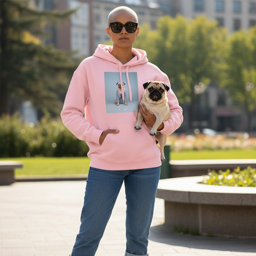 Kurzhaarige Frau mit Mops auf dem Arm trägt den HOOKamSEE Hoodie Styled Dogs Mops in Hellrosa im Park