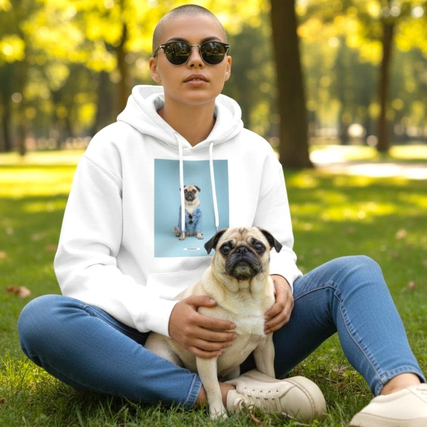 Frau sitzt mit Mops im Schoß im Park und trägt den HOOKamSEE Hoodie Styled Dogs Mops in Weiß
