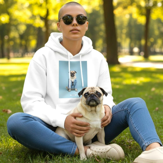 Frau sitzt mit Mops im Schoß im Park und trägt den HOOKamSEE Hoodie Styled Dogs Mops in Weiß
