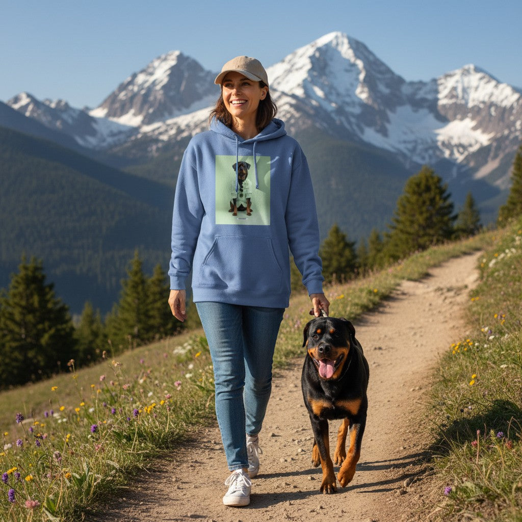 Lachende Frau mit Cap und echtem Rottweiler trägt den HOOKamSEE Hoodie Styled Dogs Rottweiler in Carolina Blue in den Bergen
