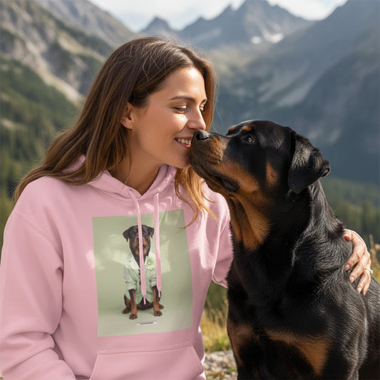 Frau mit echtem Rottweiler trägt den HOOKamSEE Hoodie Styled Dogs Rottweiler in Hellrosa in den Bergen