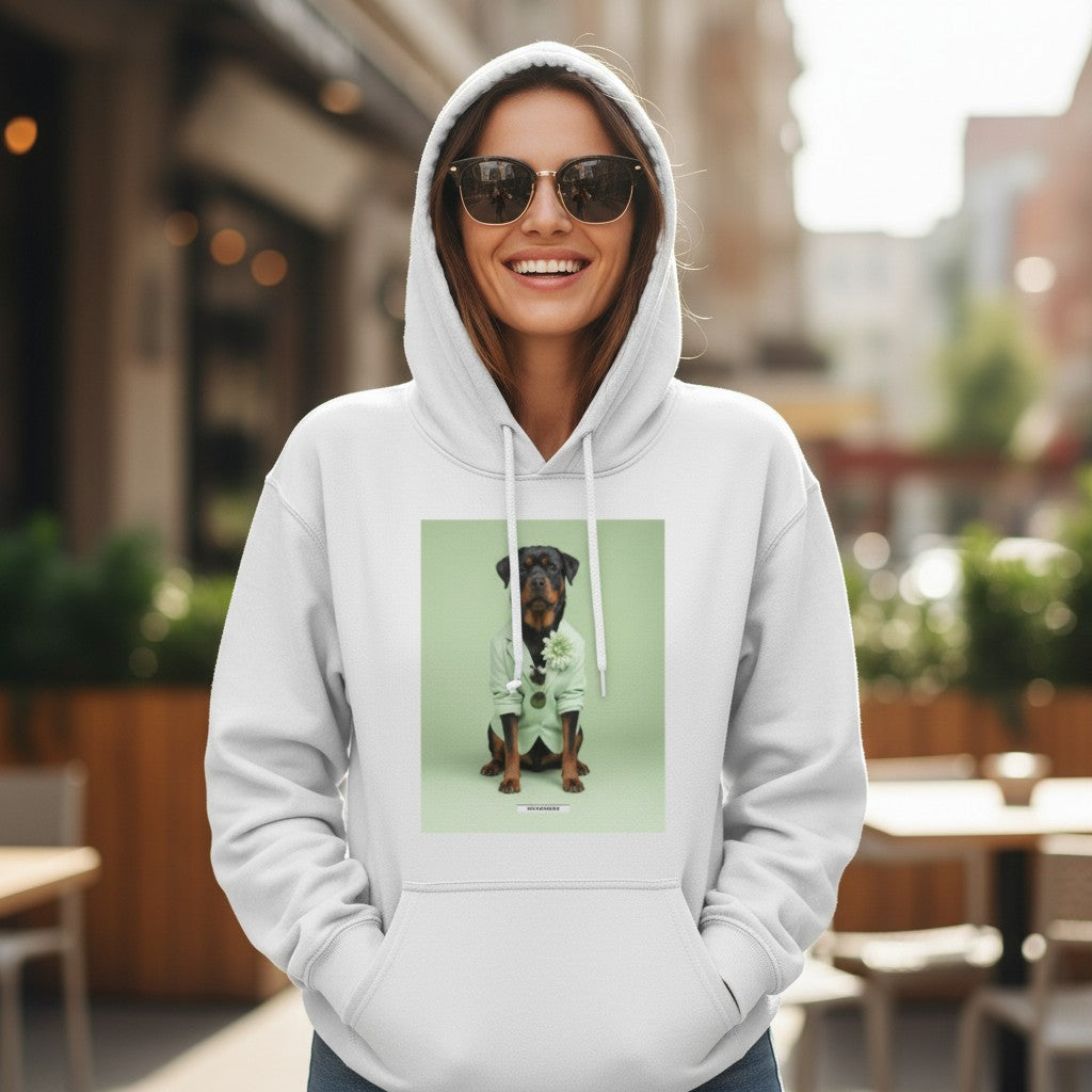 Lachende Frau mit Sonnenbrille trägt den HOOKamSEE Hoodie Styled Dogs Rottweiler in Weiß urban