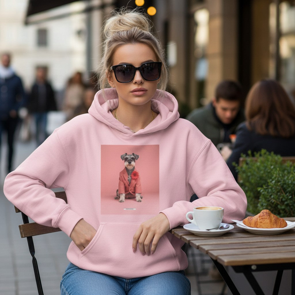 Blonde Frau im Café trägt den HOOKamSEE Hoodie Styled Dogs Schnauzer in Hellrosa mit Kaffee und Croissant
