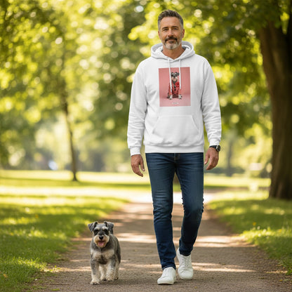 Mann spaziert mit echtem Schnauzer im Park und trägt den HOOKamSEE Hoodie Styled Dogs Schnauzer in Weiß