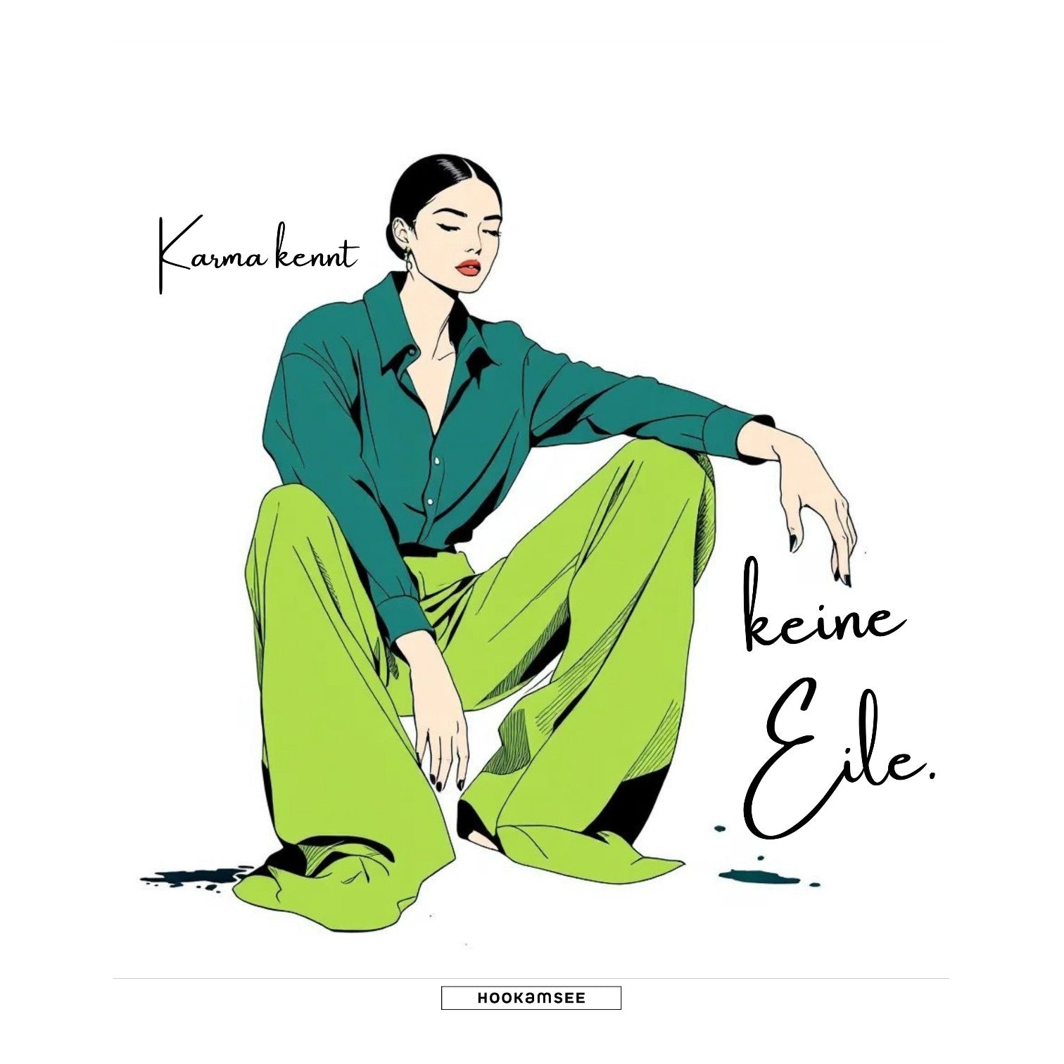 HOOKamSEE KARMA-Kollektion — Illustration sitzende Frau in Grün, Statement-Design mit Tintensplatter
