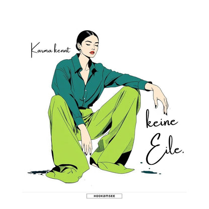 HOOKamSEE KARMA-Kollektion — Illustration sitzende Frau in Grün, Statement-Design mit Tintensplatter