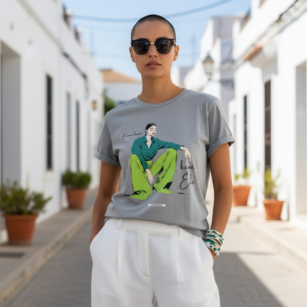HOOKamSEE Shirt KARMA-Kollektion in Grau meliert — Frauen Premium T-Shirt, Statement-Fashion aus Bad Saarow