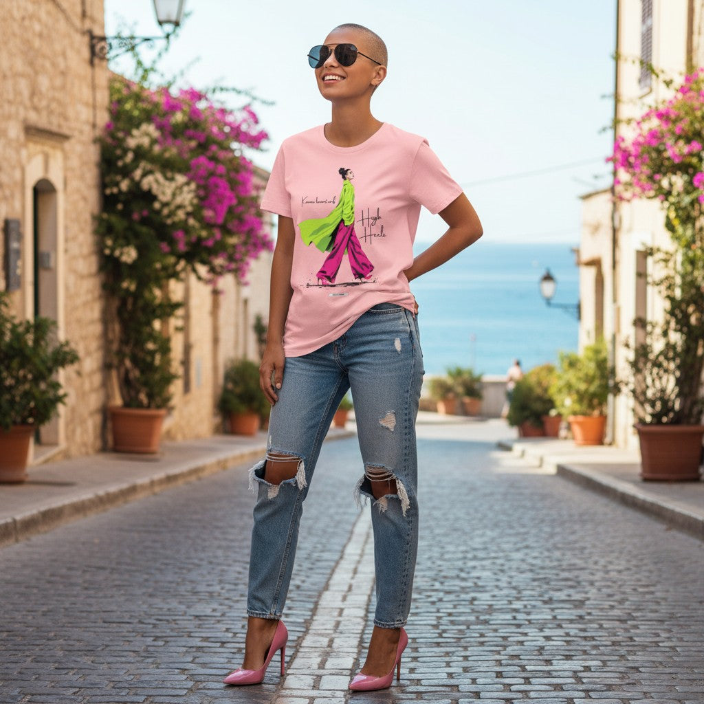 Frau mit Sonnenbrille trägt rosafarbenes Damen-Shirt mit Karma-Spruch von HOOKamSEE in mediterraner Gasse