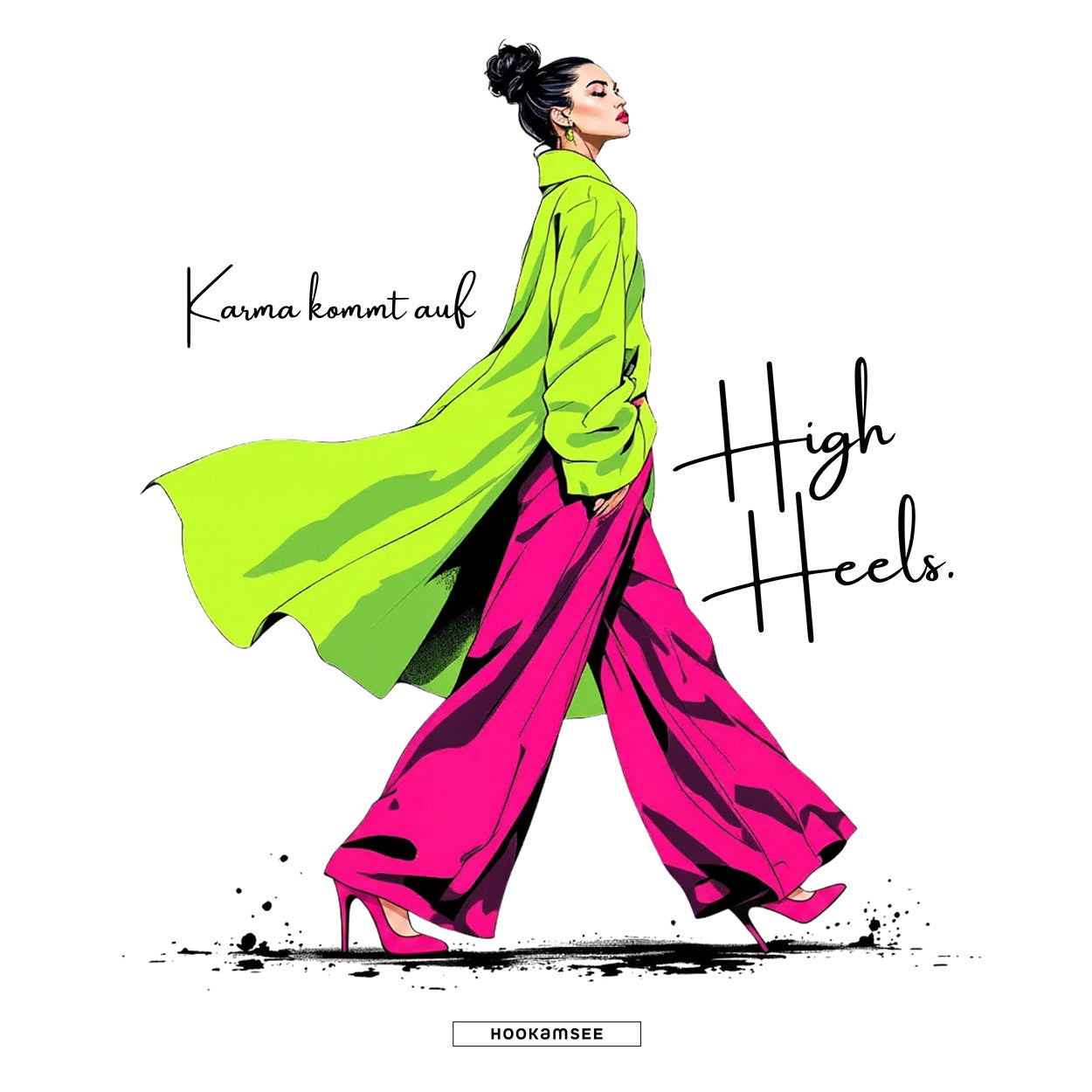 Fashion-Illustration auf weißem Hintergrund mit Aufschrift Karma kommt auf High Heels — Damen Statement-Shirt aus der KARMA-Kollektion von HOOKamSEE