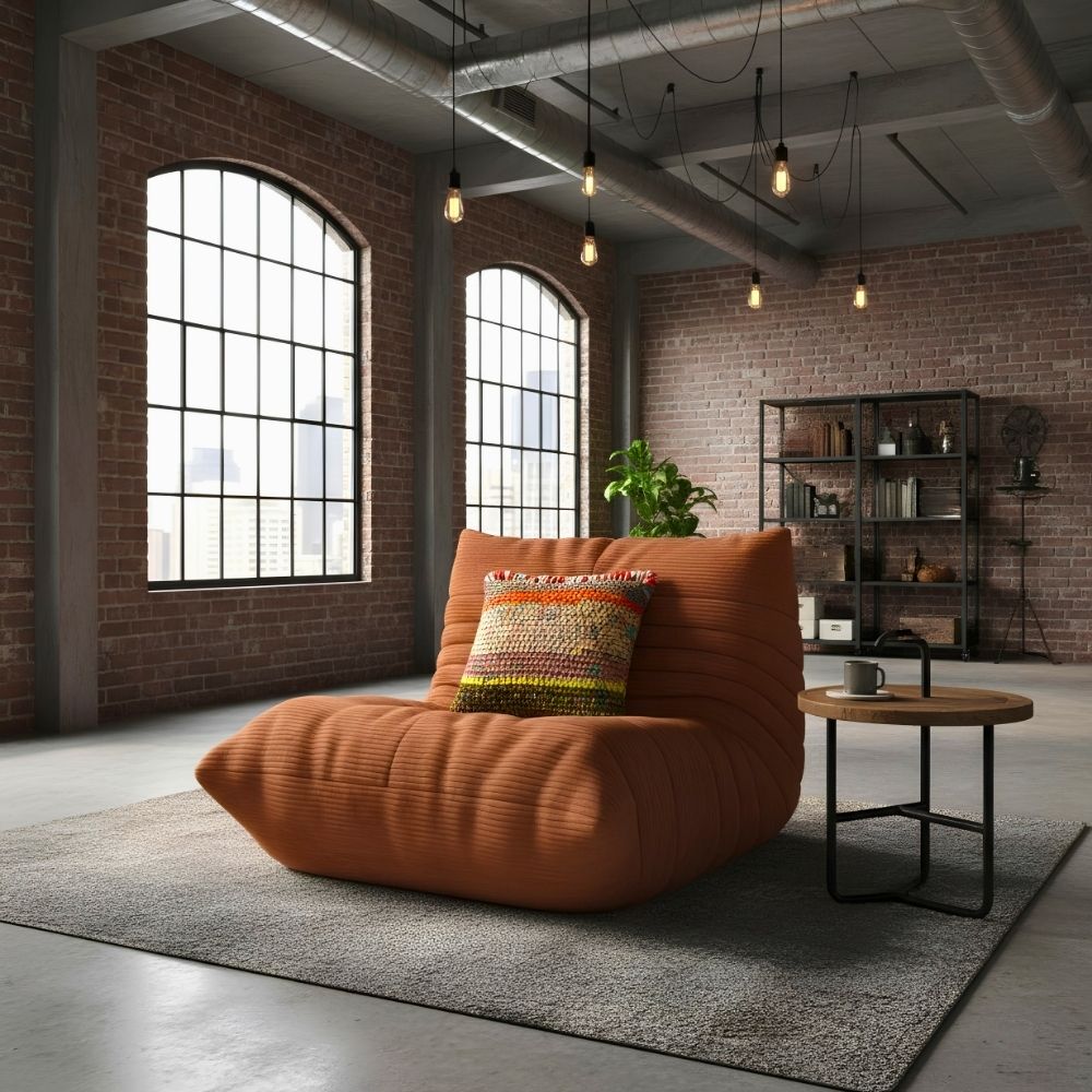 Kissen Amber Harvest auf einem orangefarbenen Loungesessel in einem Industrial-Loft mit Backsteinwand.