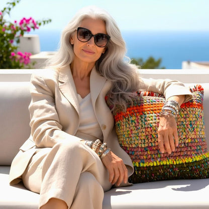 Frau mit grauem Haar und Sonnenbrille sitzt auf einer Terrasse mit Meerblick neben dem Kissen Amber Harvest.
