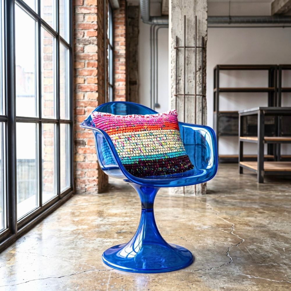 Kissen Confetti Horizon auf blauem Kunststoff-Loungesessel in Industrial-Loft