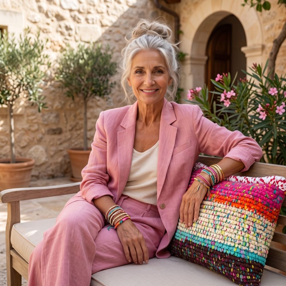 Frau in rosafarbenem Blazer sitzt auf Bank neben Kissen Confetti Horizon in mediterranem Innenhof