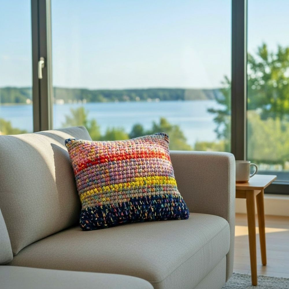 Kissen Confetti Bloom auf einem Sofa mit Seeblick, Coiled-Crochet-Unikat von HOOKamSEE