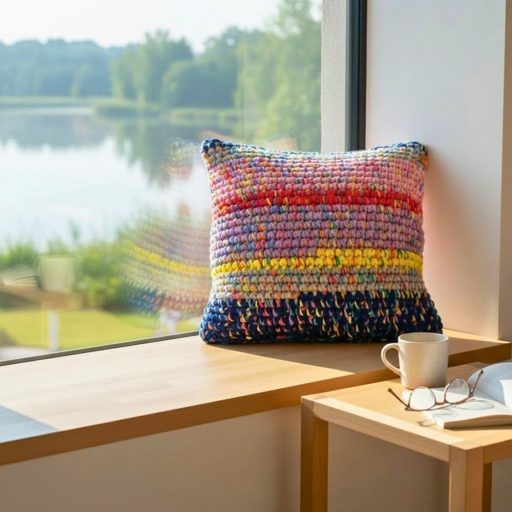 Kissen Confetti Bloom am Fenster mit Seeblick, Lifestyle-Setting HOOKamSEE