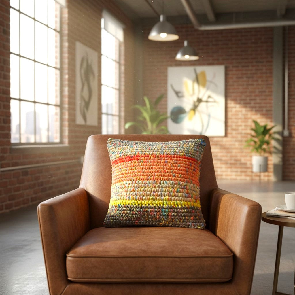 Kissen Coral Horizon von HOOKamSEE auf braunem Ledersessel in einem loftartigen Wohnzimmer mit Backsteinwand, großen Fenstern und Pendelleuchten