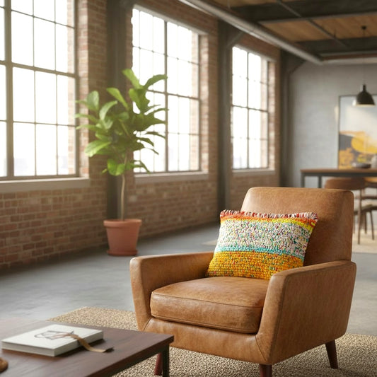Golden Carnival-Kissen 55×45 auf braunem Ledersessel in einem Loft mit Backsteinwand, großen Sprossenfenstern und Zimmerpflanze im Hintergrund