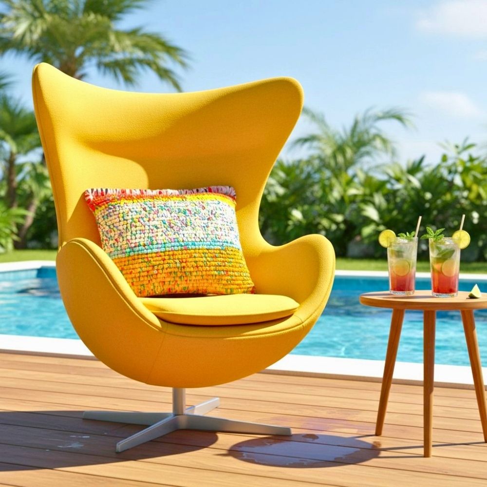 Kissen Golden Carnival auf einem gelben Egg Chair auf einer Holzterrasse am Pool mit zwei Cocktailgläsern