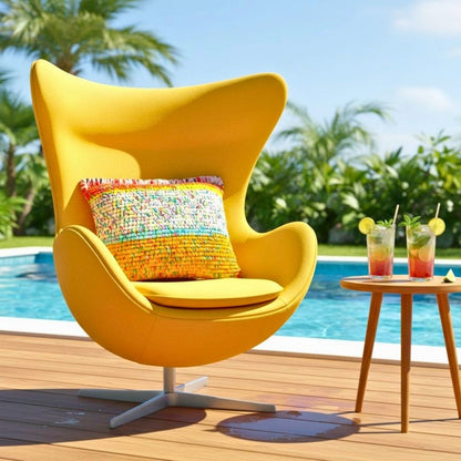 Kissen Golden Carnival auf einem gelben Egg Chair auf einer Holzterrasse am Pool mit zwei Cocktailgläsern