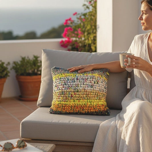 Kissen Golden Haze auf Loungesofa mit Meerblick, warmes Abendlicht, HOOKamSEE Design-Unikat