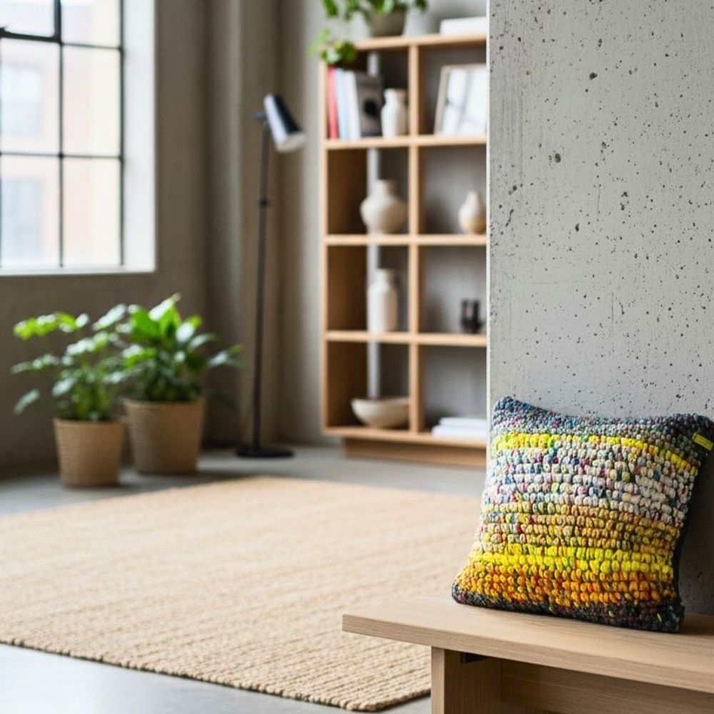 Kissen Golden Haze auf Holzbank in modernem Loft-Interieur, HOOKamSEE Coiled-Crochet-Unikat