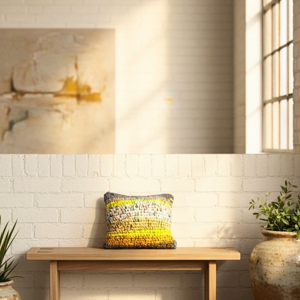 Kissen Golden Haze auf Konsolentisch in lichtdurchflutetem Wohnraum, HOOKamSEE Home & Living